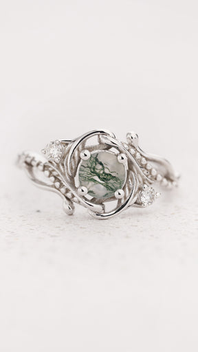 READY TO SHIP: Undina engagement ring with moss agate and diamonds, 18K white gold, AVAILABLE RING SIZES: 3 - 6 US - Eden Garden Jewelry™
