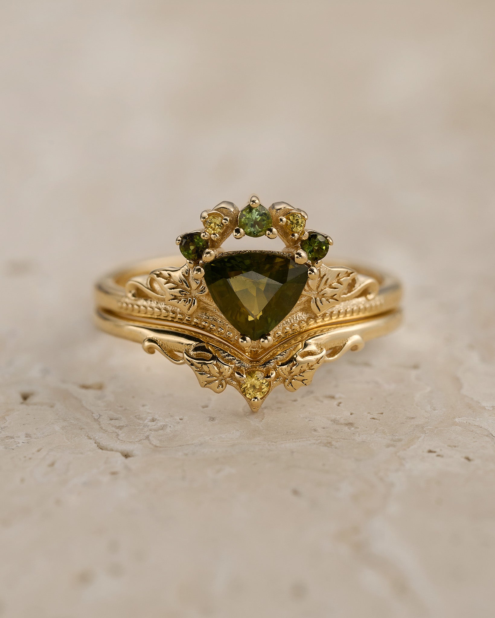 READY TO SHIP: Ariadne bridal set in 14K yellow gold, natural green sapphire, green tourmalines & yellow sapphires, AVAILABLE RING SIZES: 5.5 - 8.5 US - Eden Garden Jewelry™