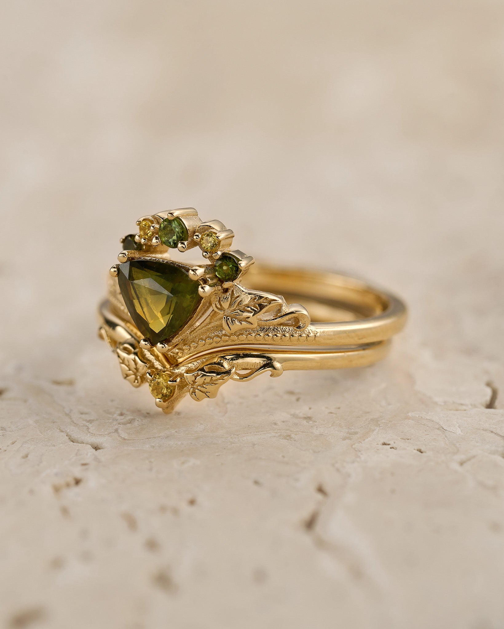 READY TO SHIP: Ariadne bridal set in 14K yellow gold, natural green sapphire, green tourmalines & yellow sapphires, AVAILABLE RING SIZES: 5.5 - 8.5 US - Eden Garden Jewelry™