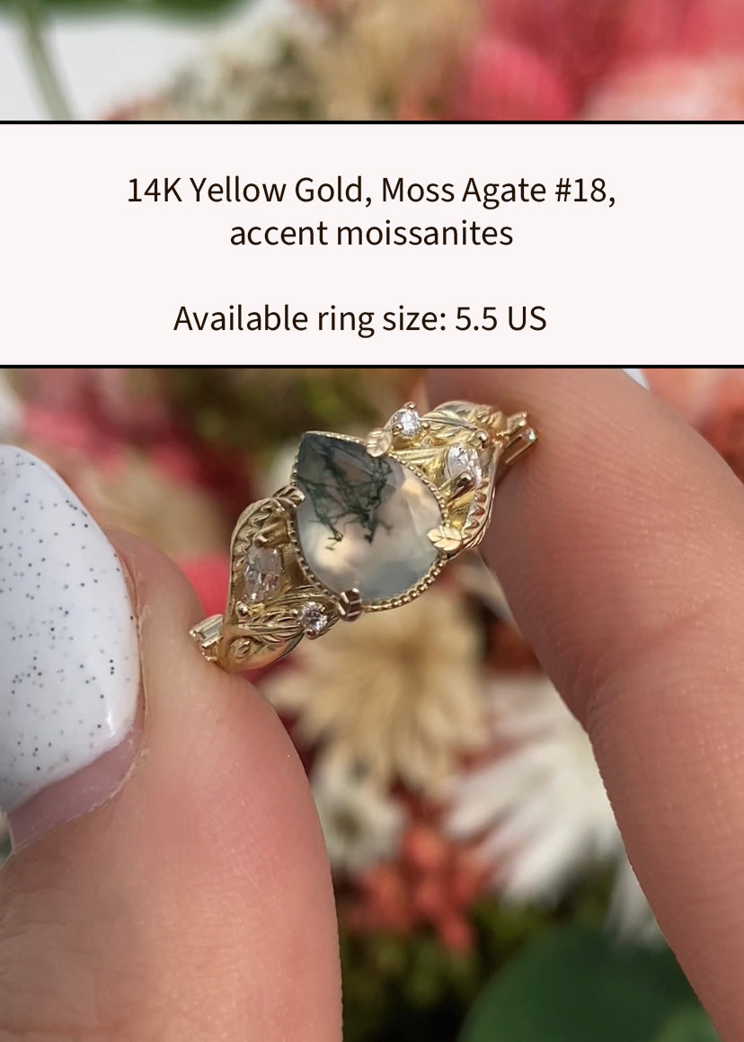 READY TO SHIP: Patricia ring in 14K or 18K yellow gold, natural moss agate pear cut 8x6 mm, accent moissanites, AVAILABLE RING SIZES: 5.5 - 8.5 US