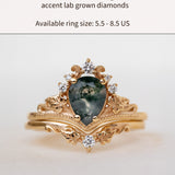 READY TO SHIP: Ariadne ring set in 18K yellow gold, pear cut moss agate, accent lab grown diamonds, RING SIZE:  5.5 - 8.5 US