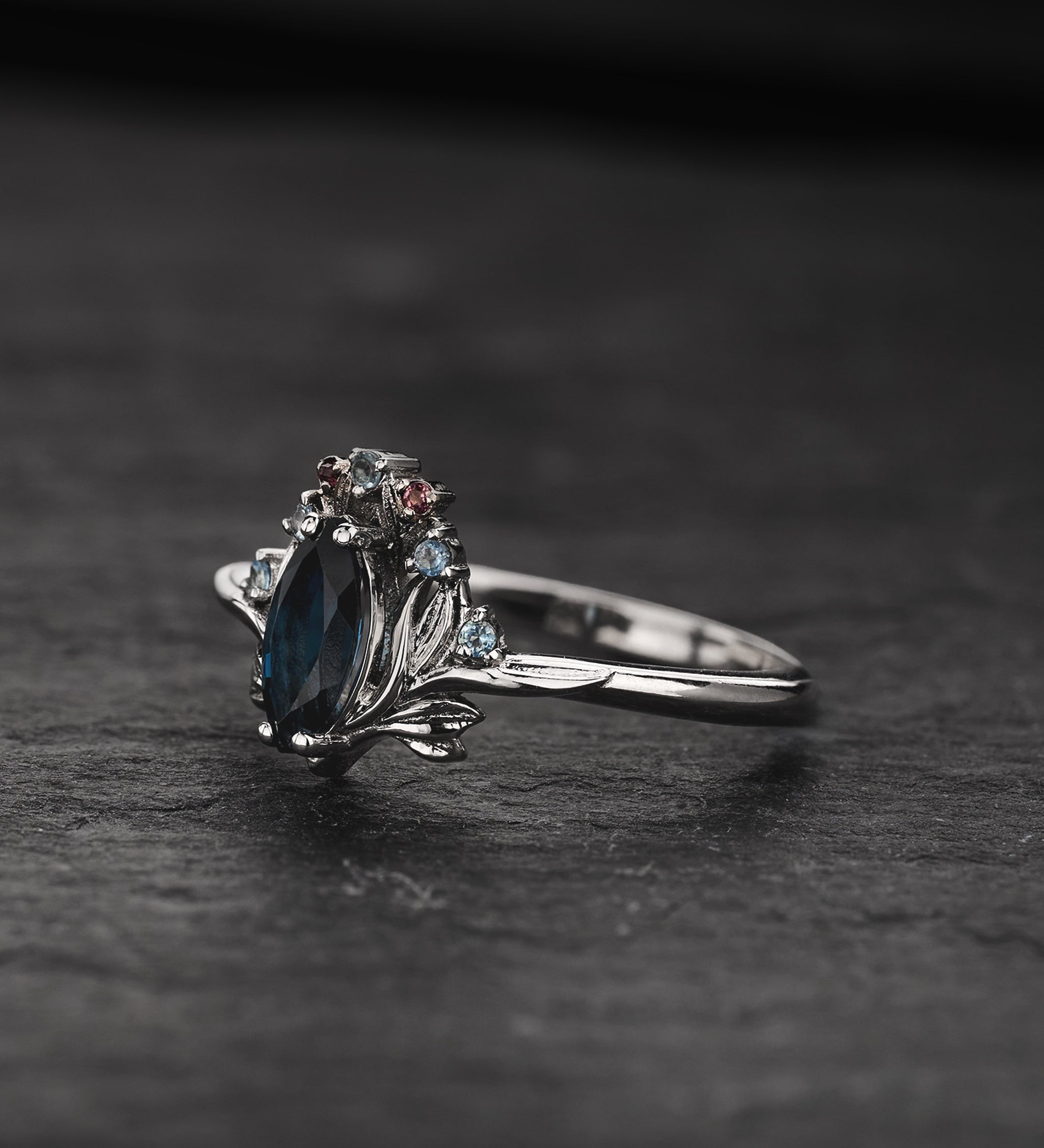 Floral Engagement Ring with Marquise Blue Topaz, Accent Tourmalines and Aquamarines / Iris - Eden Garden Jewelry™