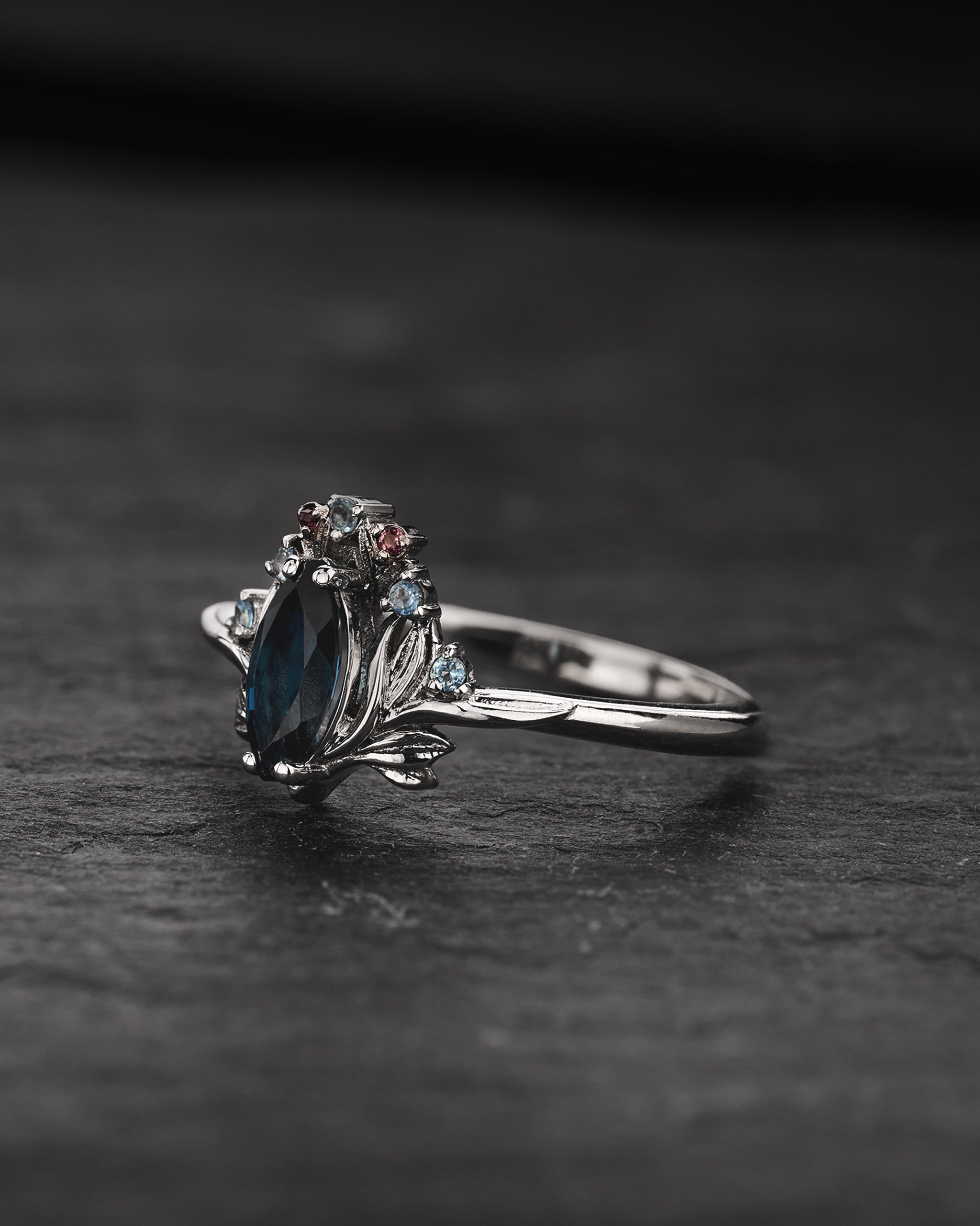 Floral Engagement Ring with Marquise Blue Topaz, Accent Tourmalines and Aquamarines / Iris - Eden Garden Jewelry™