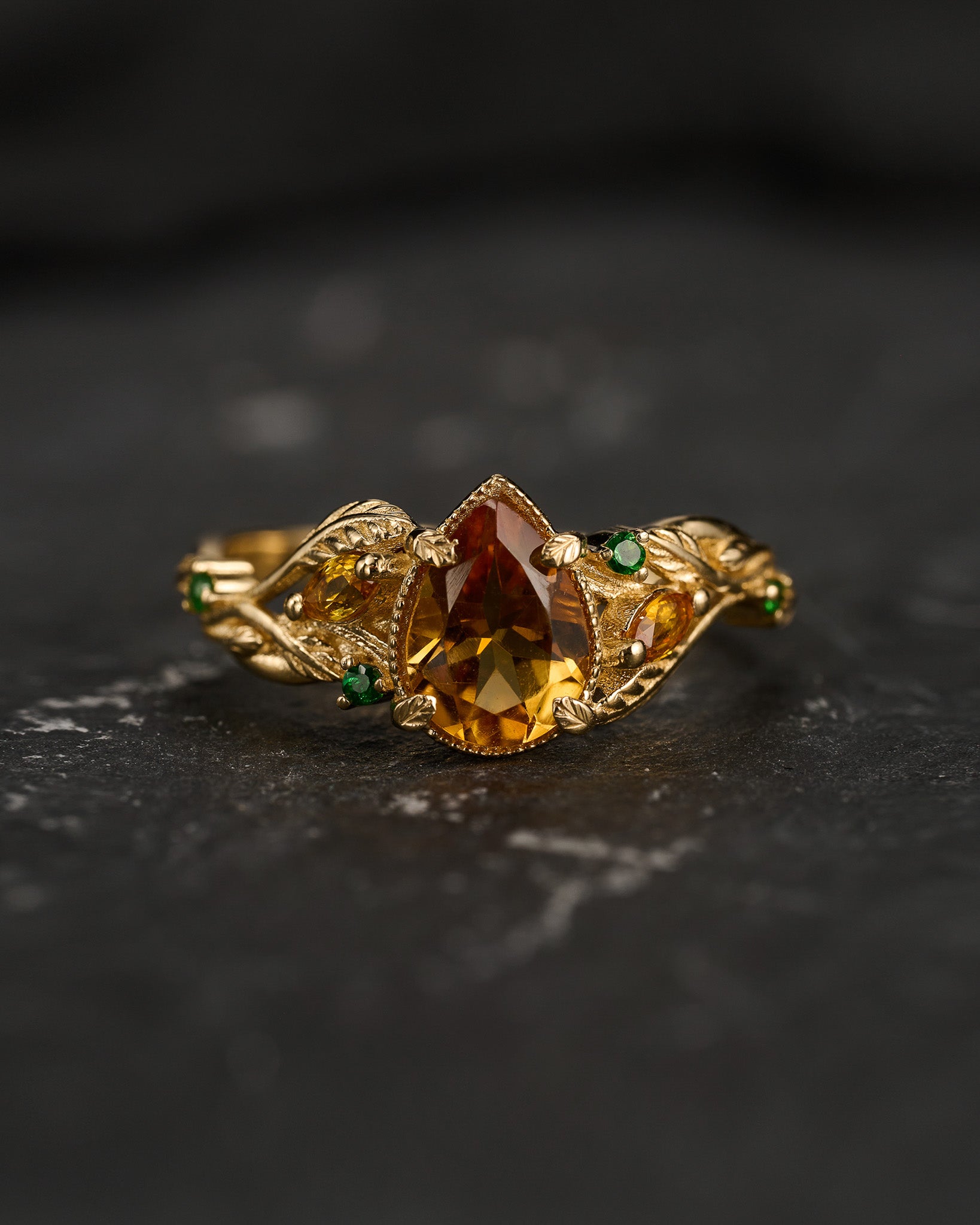 READY TO SHIP: Patricia ring in 14K yellow gold, orange citrine, pear cut 8x6 mm, accent sapphires & garnets, AVAILABLE RING SIZES: 5.5 - 8.5 US - Eden Garden Jewelry™