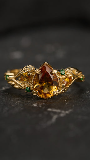 READY TO SHIP: Patricia ring in 14K yellow gold, orange citrine, pear cut 8x6 mm, accent sapphires & garnets, AVAILABLE RING SIZES: 5.5 - 8.5 US - Eden Garden Jewelry™
