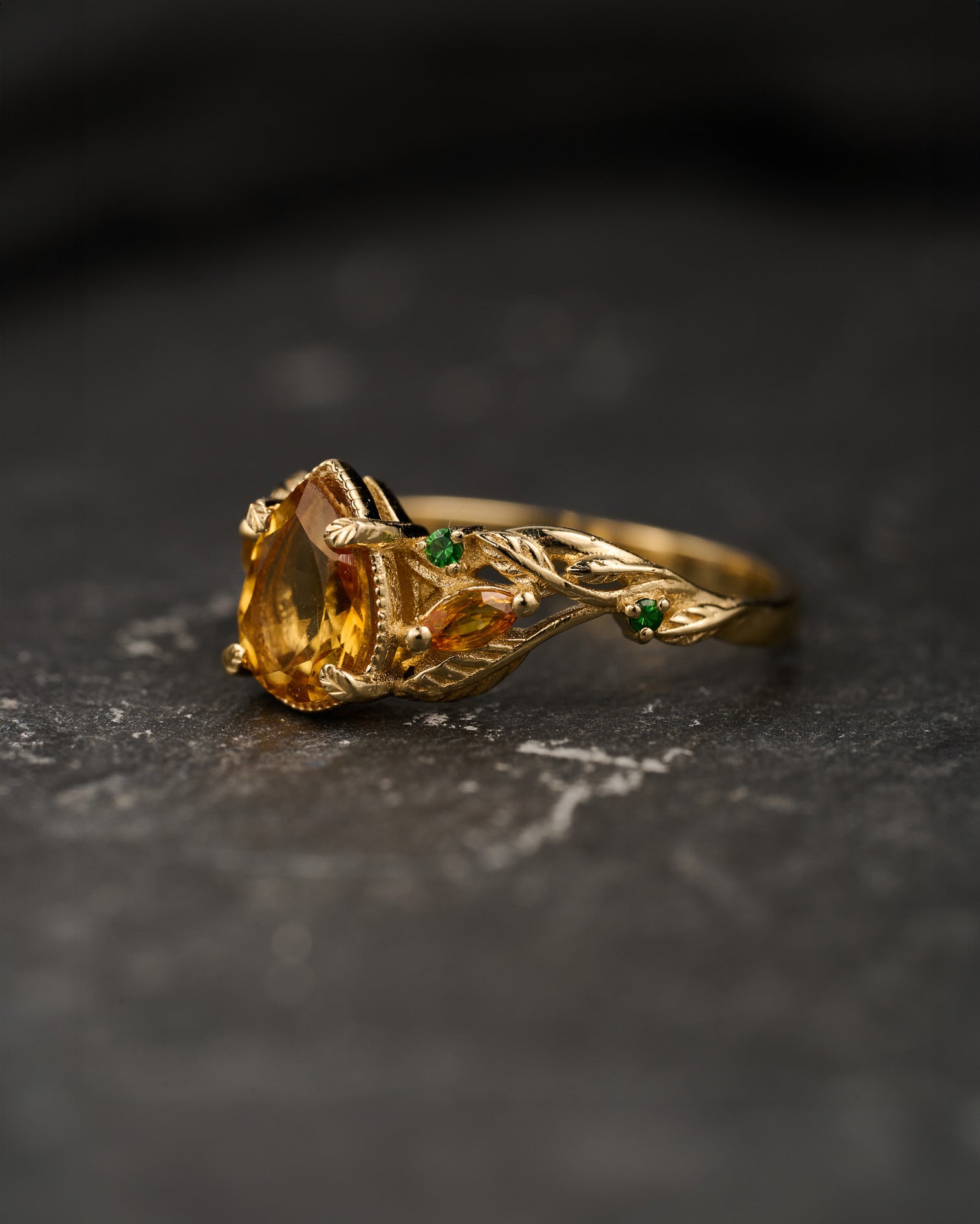 READY TO SHIP: Patricia ring in 14K yellow gold, orange citrine, pear cut 8x6 mm, accent sapphires & garnets, AVAILABLE RING SIZES: 5.5 - 8.5 US - Eden Garden Jewelry™