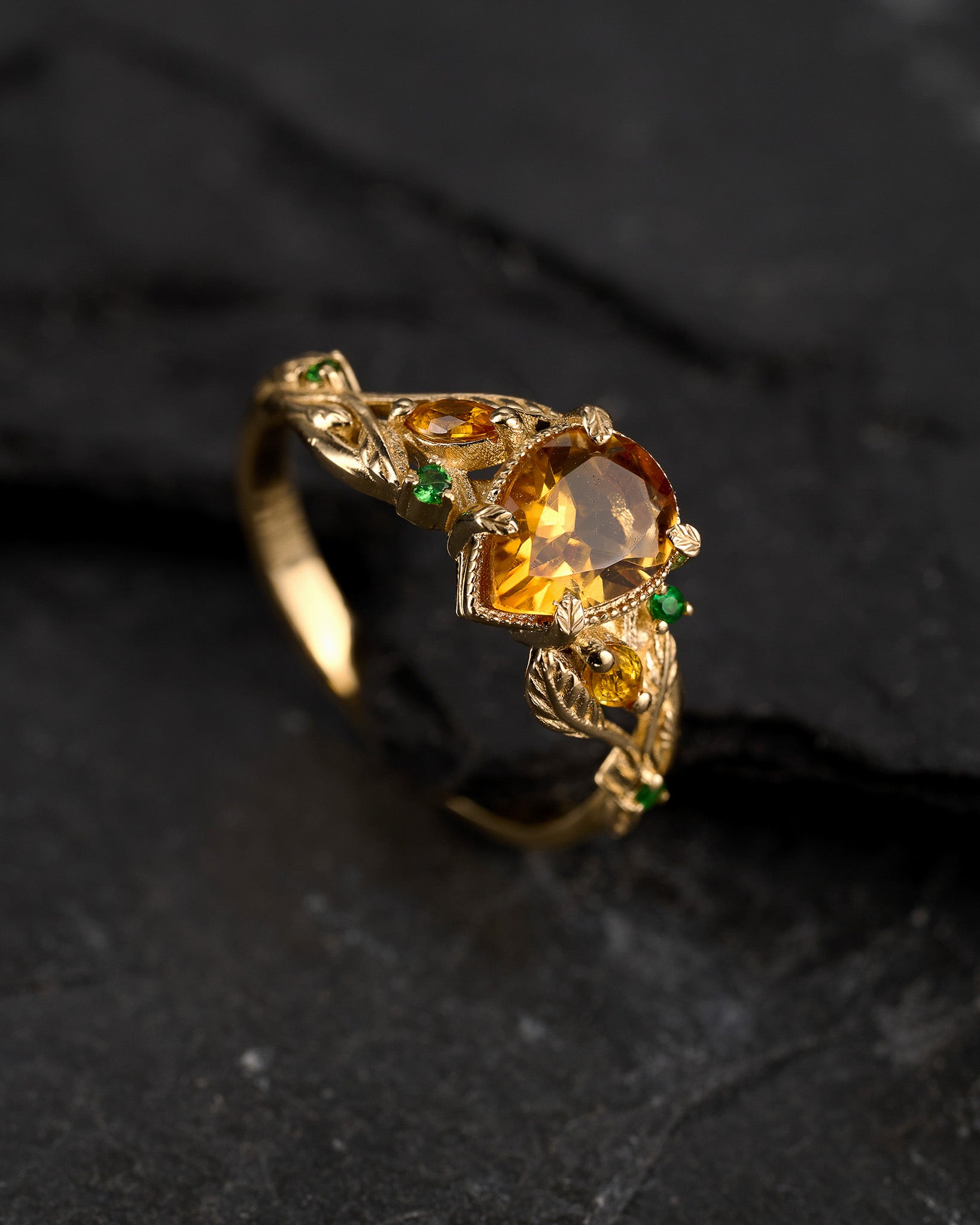 READY TO SHIP: Patricia ring in 14K yellow gold, orange citrine, pear cut 8x6 mm, accent sapphires & garnets, AVAILABLE RING SIZES: 5.5 - 8.5 US - Eden Garden Jewelry™