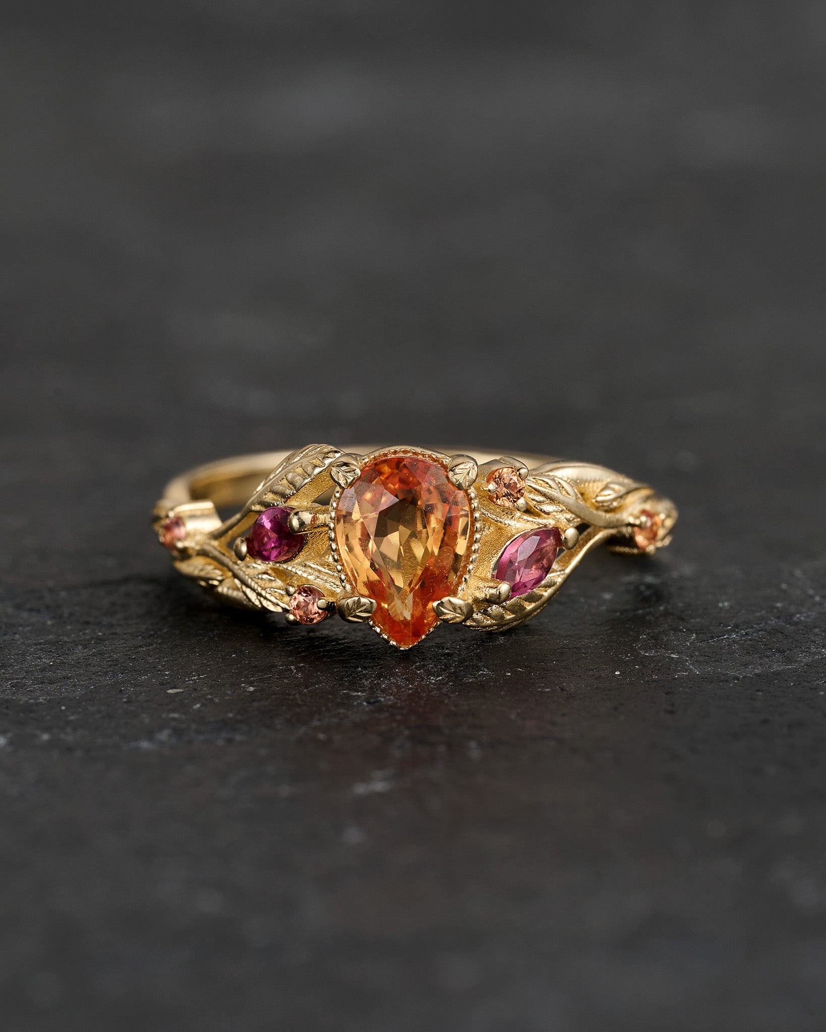 READY TO SHIP: Patricia ring in 14K yellow gold, orange sapphire, pear cut 7x5 mm, accent sapphires & tourmalines, AVAILABLE RING SIZES: 5.5 - 8.5 US - Eden Garden Jewelry™
