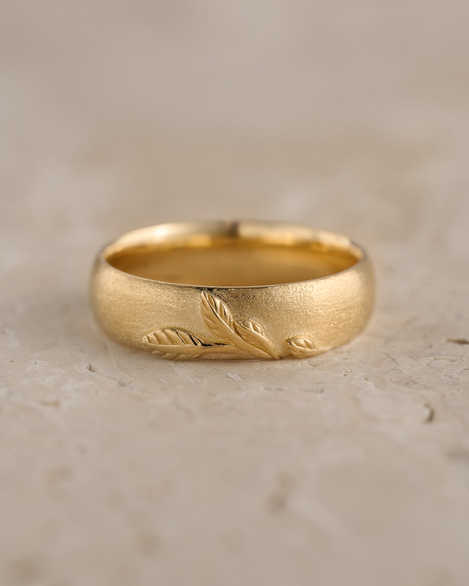 Wedding rings set for couples: sanblast finish band with branch for him, simple curved twig ring for her - Eden Garden Jewelry™