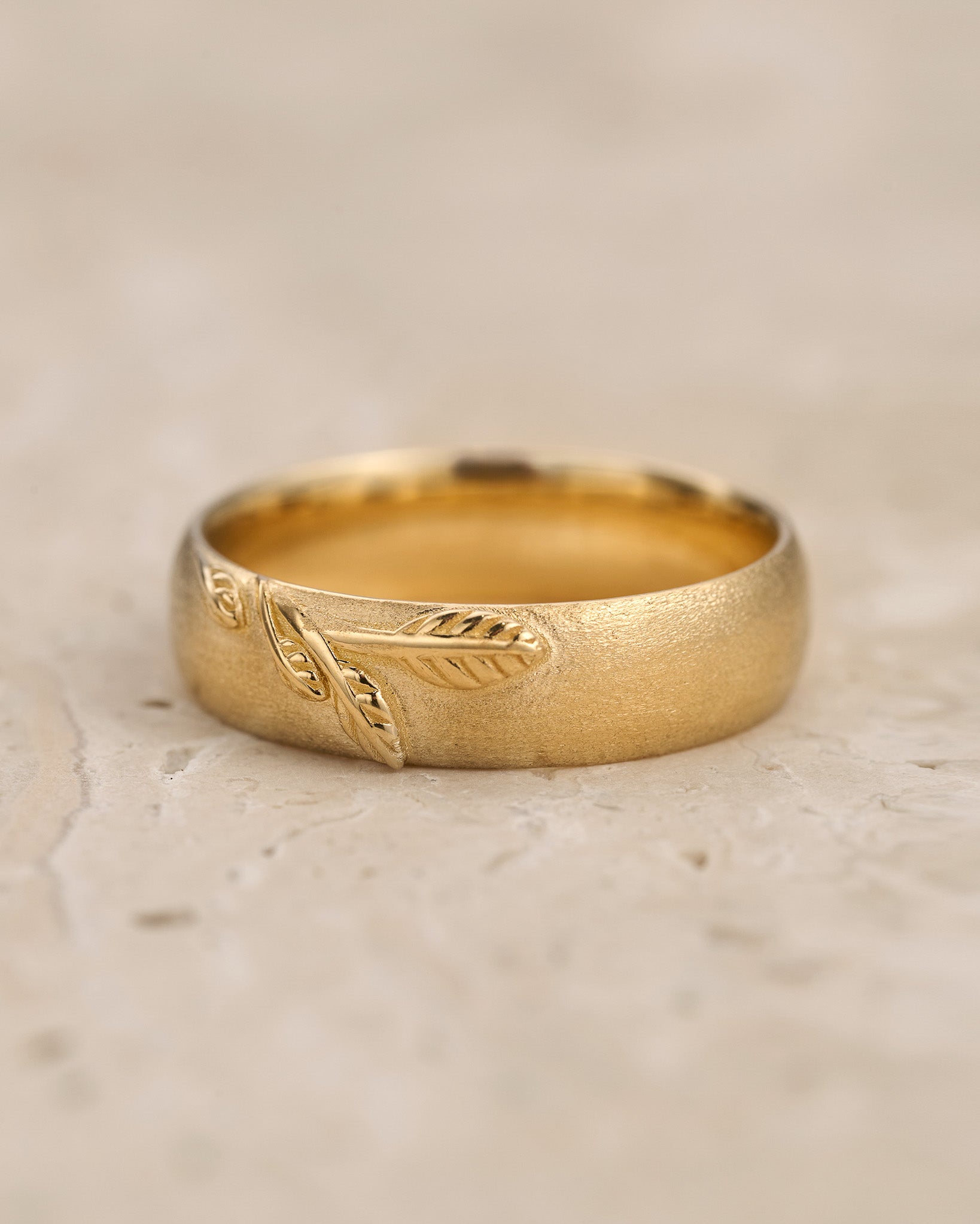 Wedding rings set for couples: sanblast finish band with branch for him, simple curved twig ring for her - Eden Garden Jewelry™