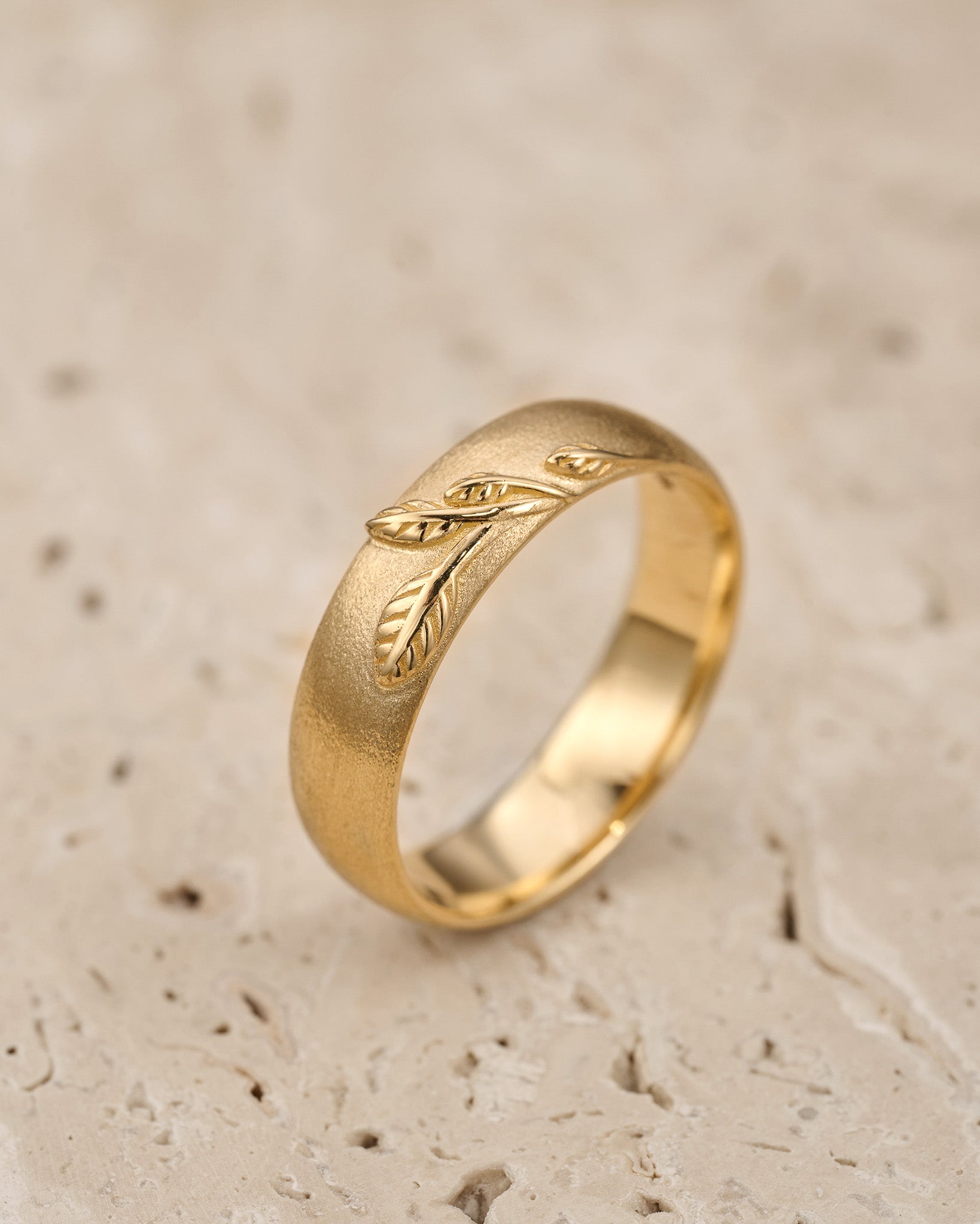 Wedding rings set for couples: sanblast finish band with branch for him, simple curved twig ring for her - Eden Garden Jewelry™