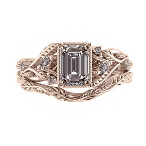 Patricia asymmetric | custom bridal ring set with emerald cut gemstone 7x5 mm - Eden Garden Jewelry™