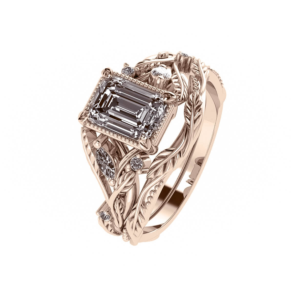 Patricia asymmetric | custom bridal ring set with emerald cut gemstone 7x5 mm - Eden Garden Jewelry™