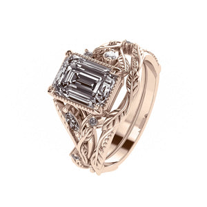 Patricia asymmetric | custom bridal ring set with emerald cut gemstone 8x6 mm - Eden Garden Jewelry™