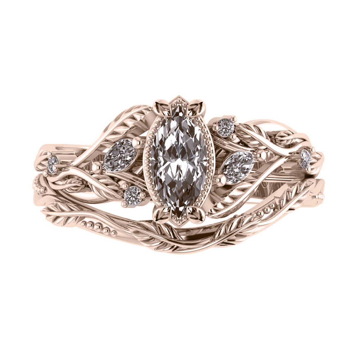 Patricia asymmetric | custom bridal ring set for marquise cut gemstone 8x4 mm - Eden Garden Jewelry™