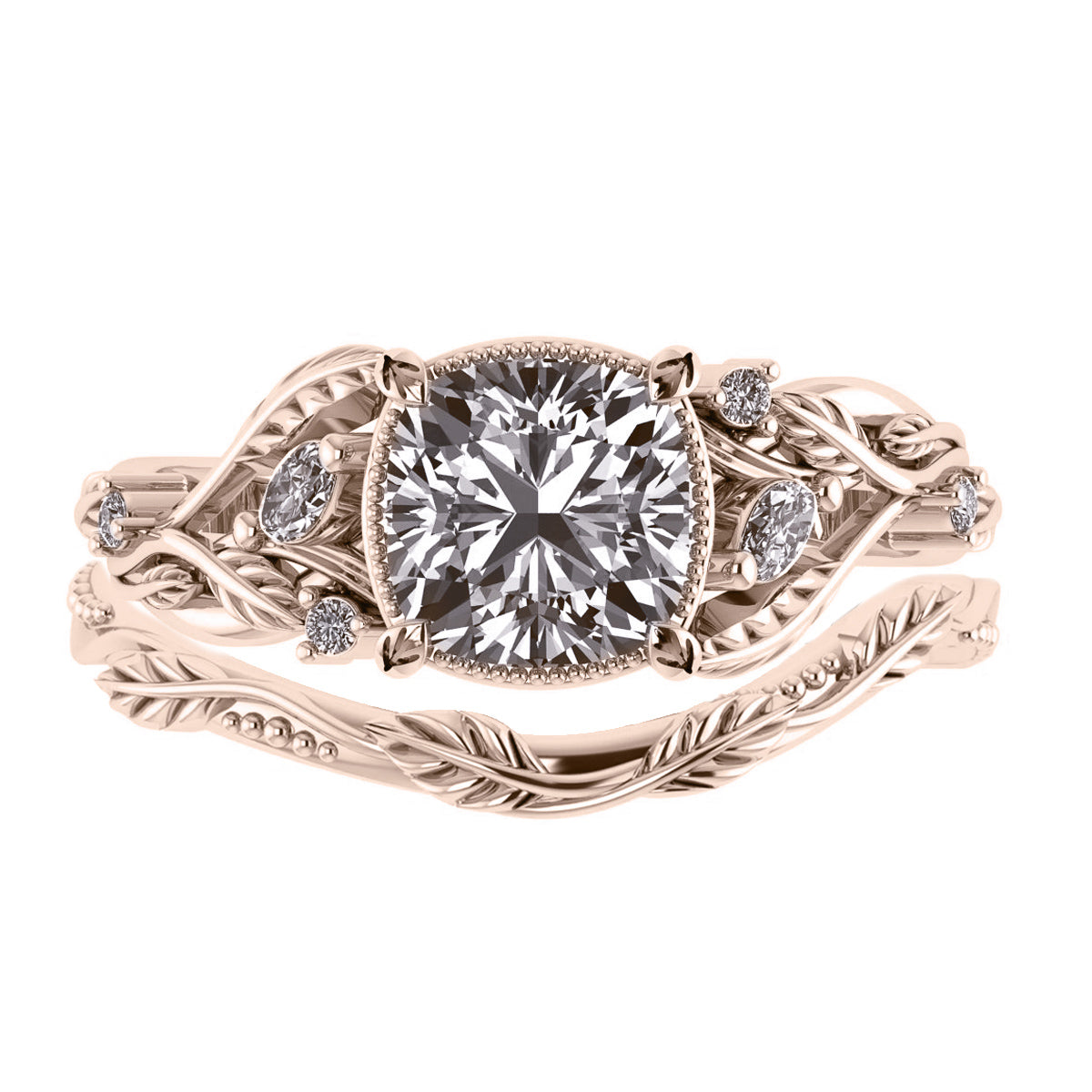 Custom order: Patricia asymmetric | custom bridal ring set for cushion cut diamond - Eden Garden Jewelry™