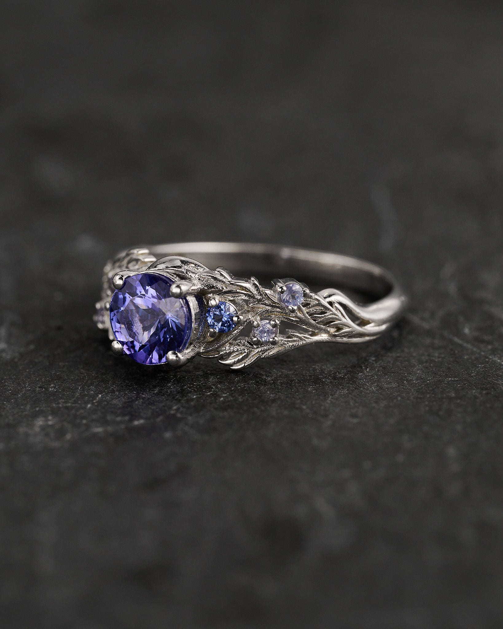 READY TO SHIP: Japanese Maple ring in 14K white gold, natural purple tanzanite with accent lab sapphires & natural tanzanites, 6mm, RING SIZE 5.5 - 8.5 US - Eden Garden Jewelry™