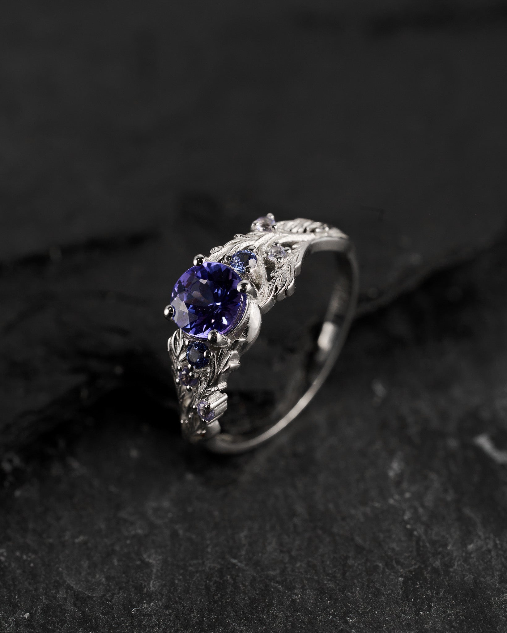 READY TO SHIP: Japanese Maple ring in 14K white gold, natural purple tanzanite with accent lab sapphires & natural tanzanites, 6mm, RING SIZE 5.5 - 8.5 US - Eden Garden Jewelry™