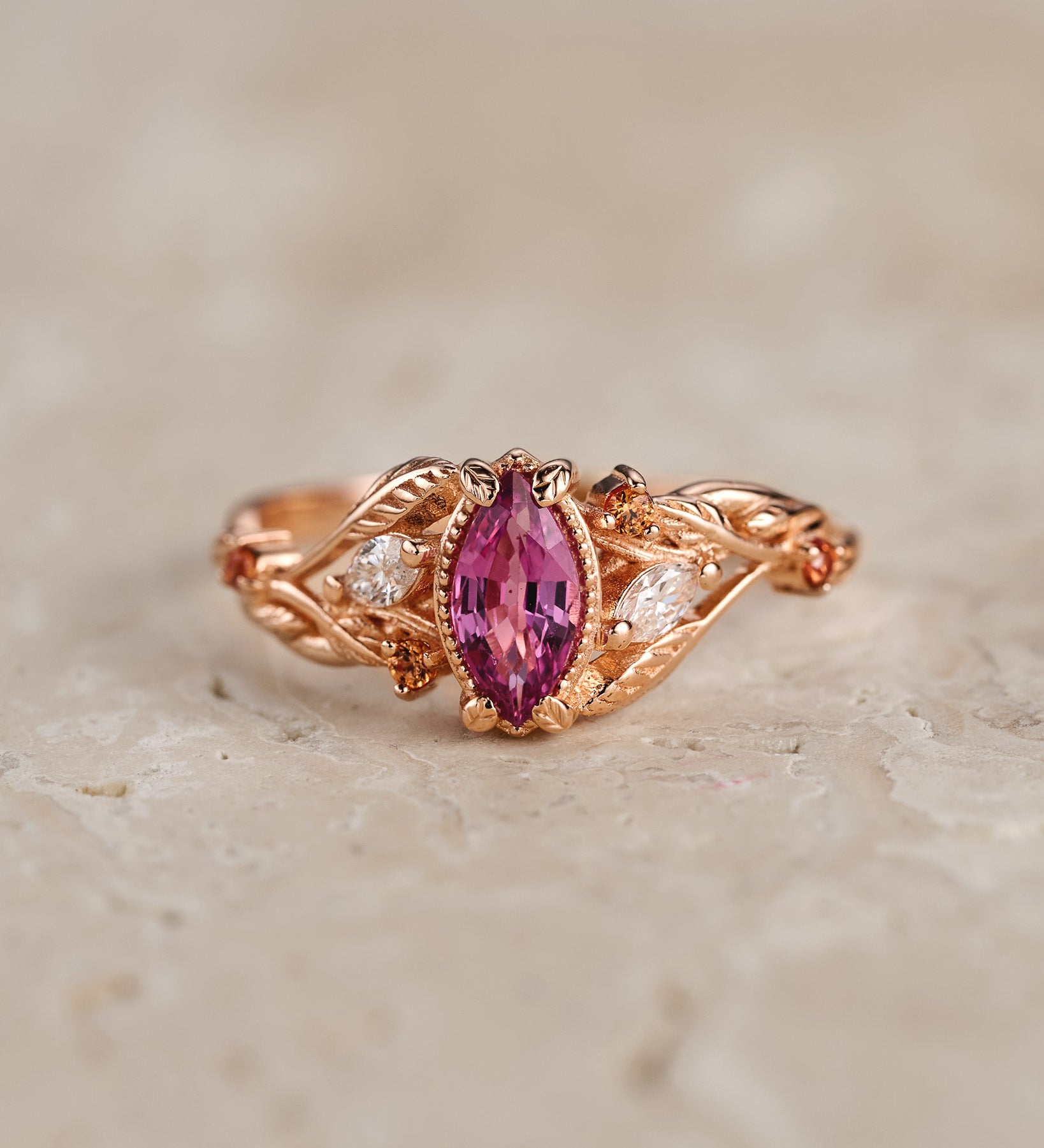 READY TO SHIP: Patricia ring in 14K rose gold, marquise-cut sapphire 8x4 mm, accent diamonds & sapphires, AVAILABLE RING SIZES: 5.5 - 8.5 US - Eden Garden Jewelry™
