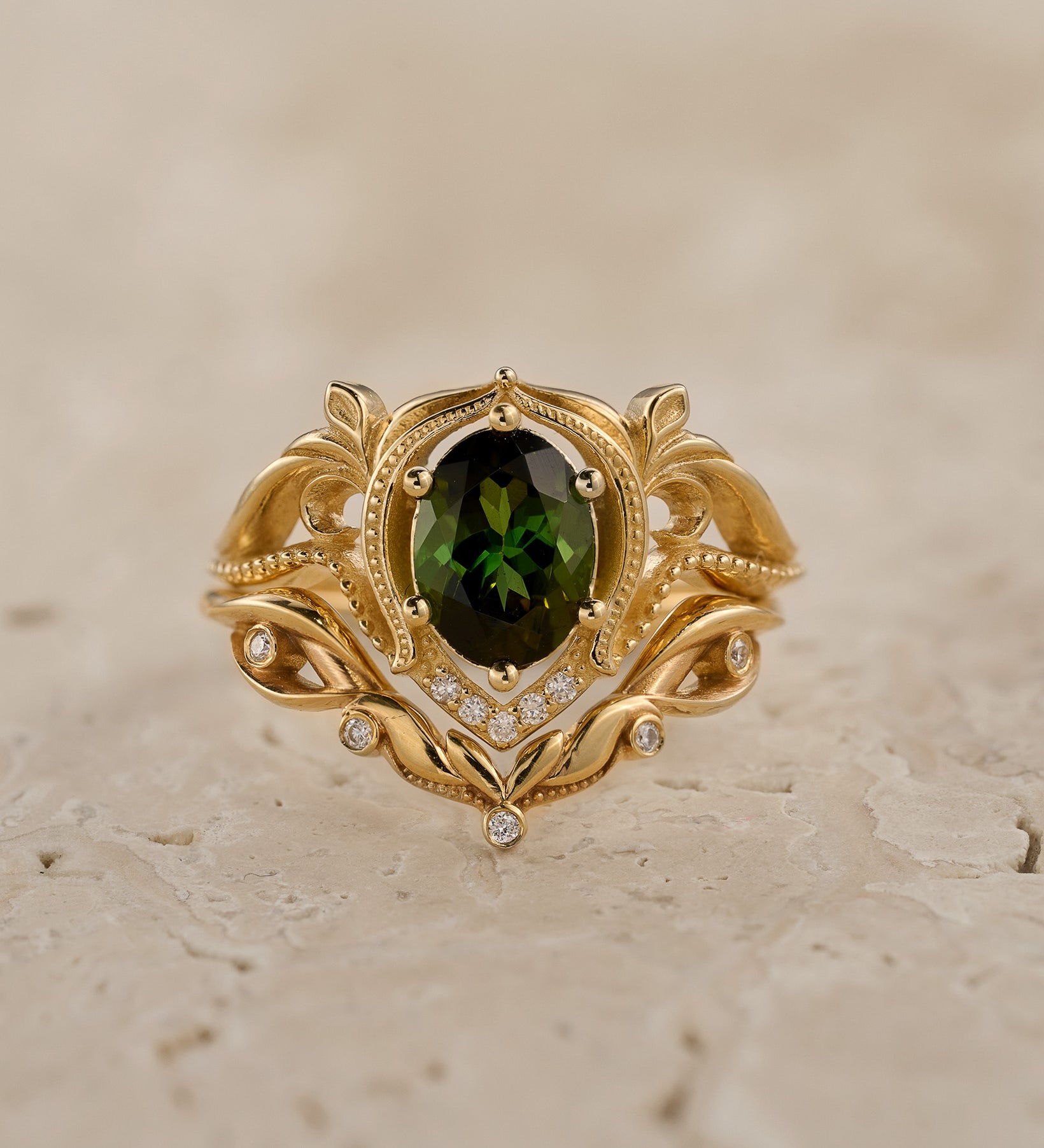 Green tourmaline engagement ring set / Lida oval - Eden Garden Jewelry™