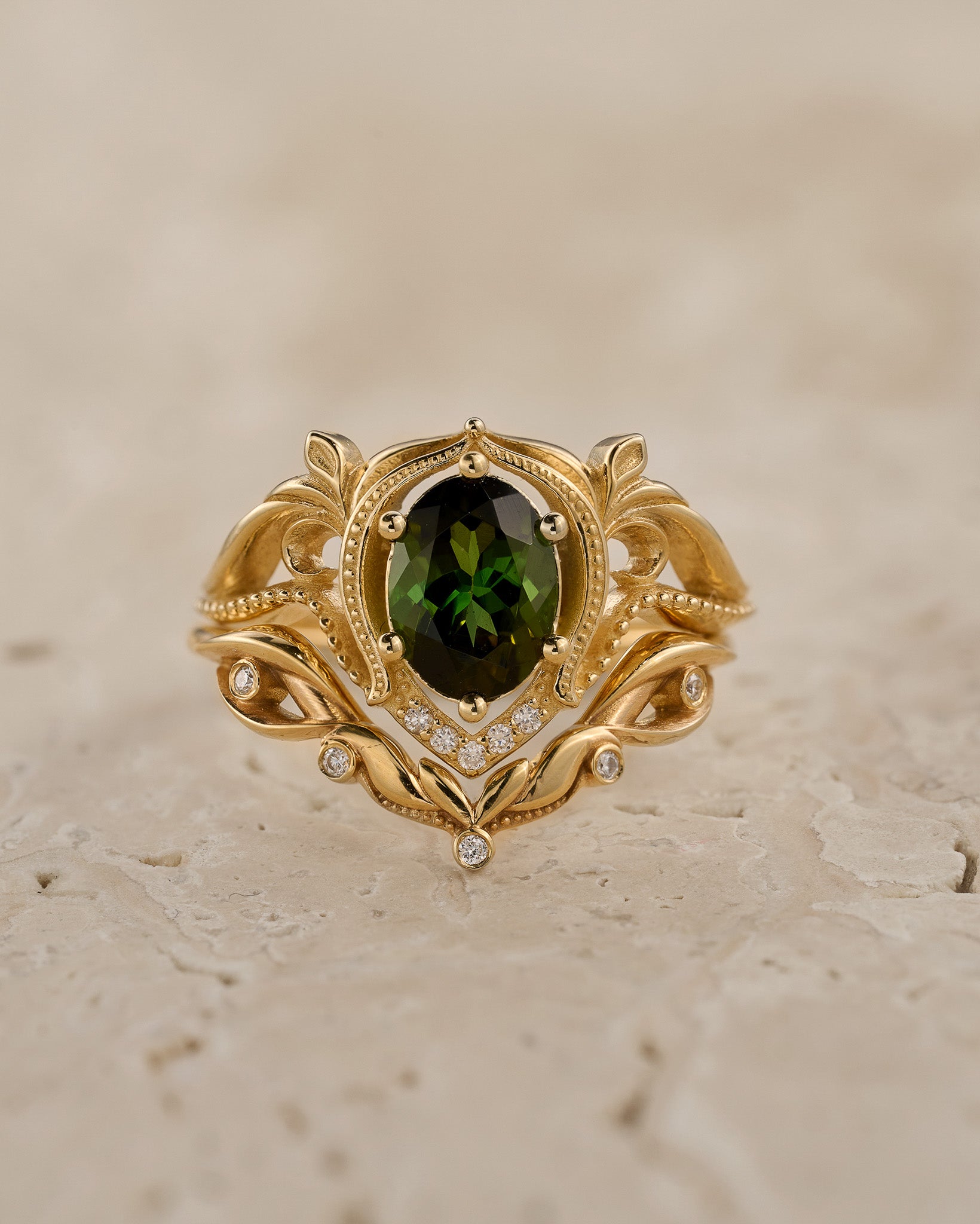 Green tourmaline engagement ring set / Lida oval - Eden Garden Jewelry™