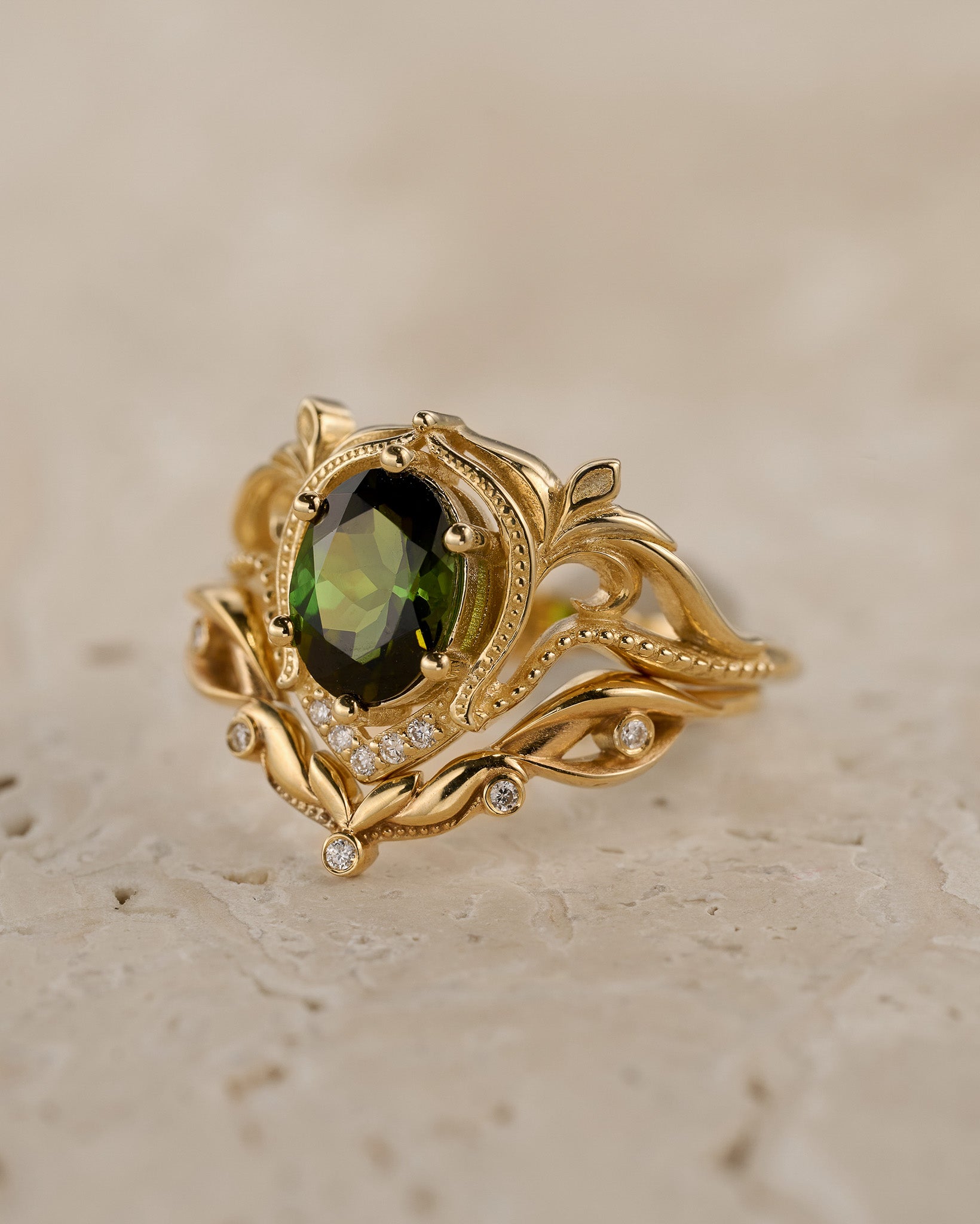 Green tourmaline engagement ring set / Lida oval - Eden Garden Jewelry™