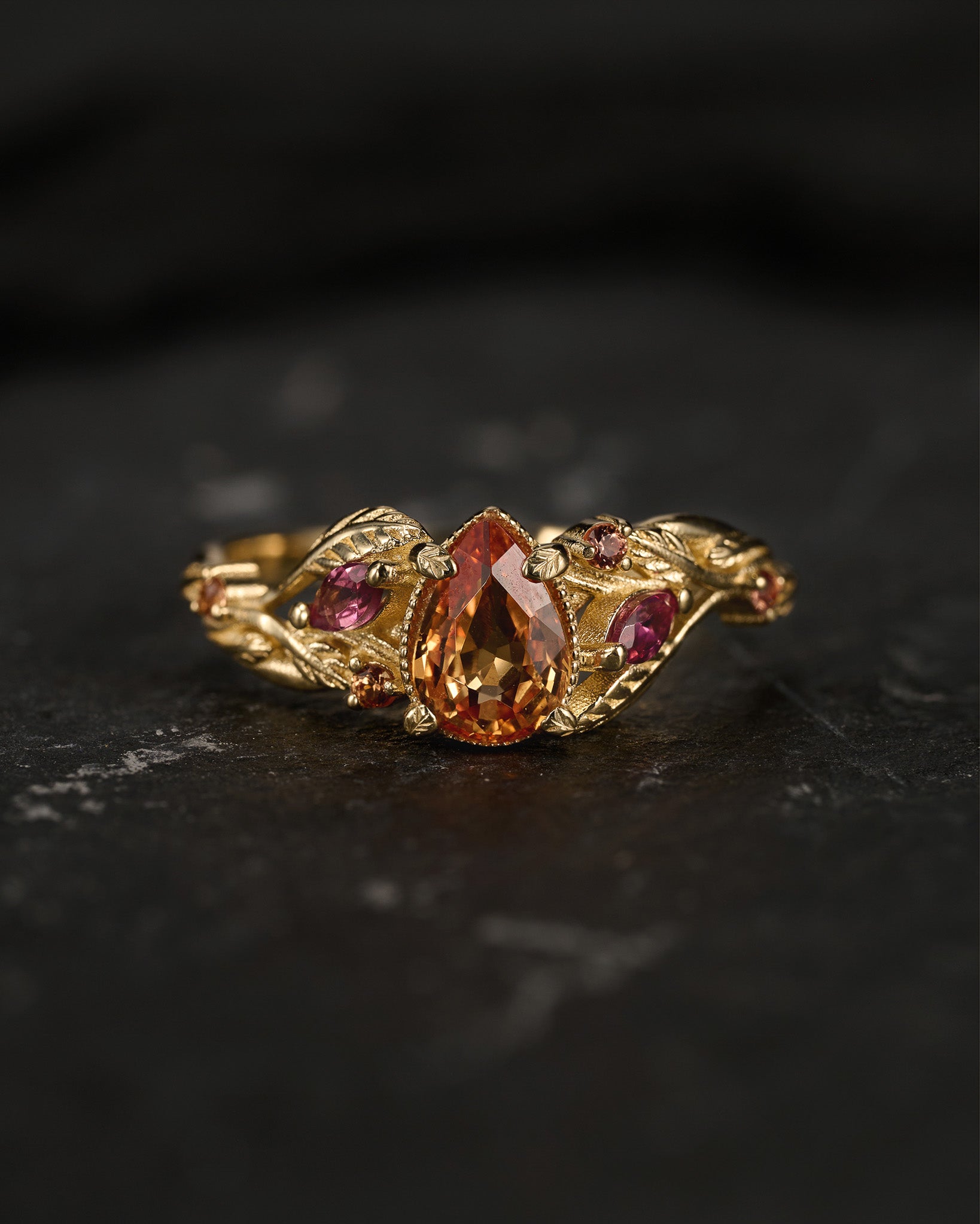 READY TO SHIP: Patricia ring in 14K yellow gold, orange sapphire, pear cut 7x5 mm, accent sapphires & tourmalines, AVAILABLE RING SIZES: 5.5 - 8.5 US - Eden Garden Jewelry™
