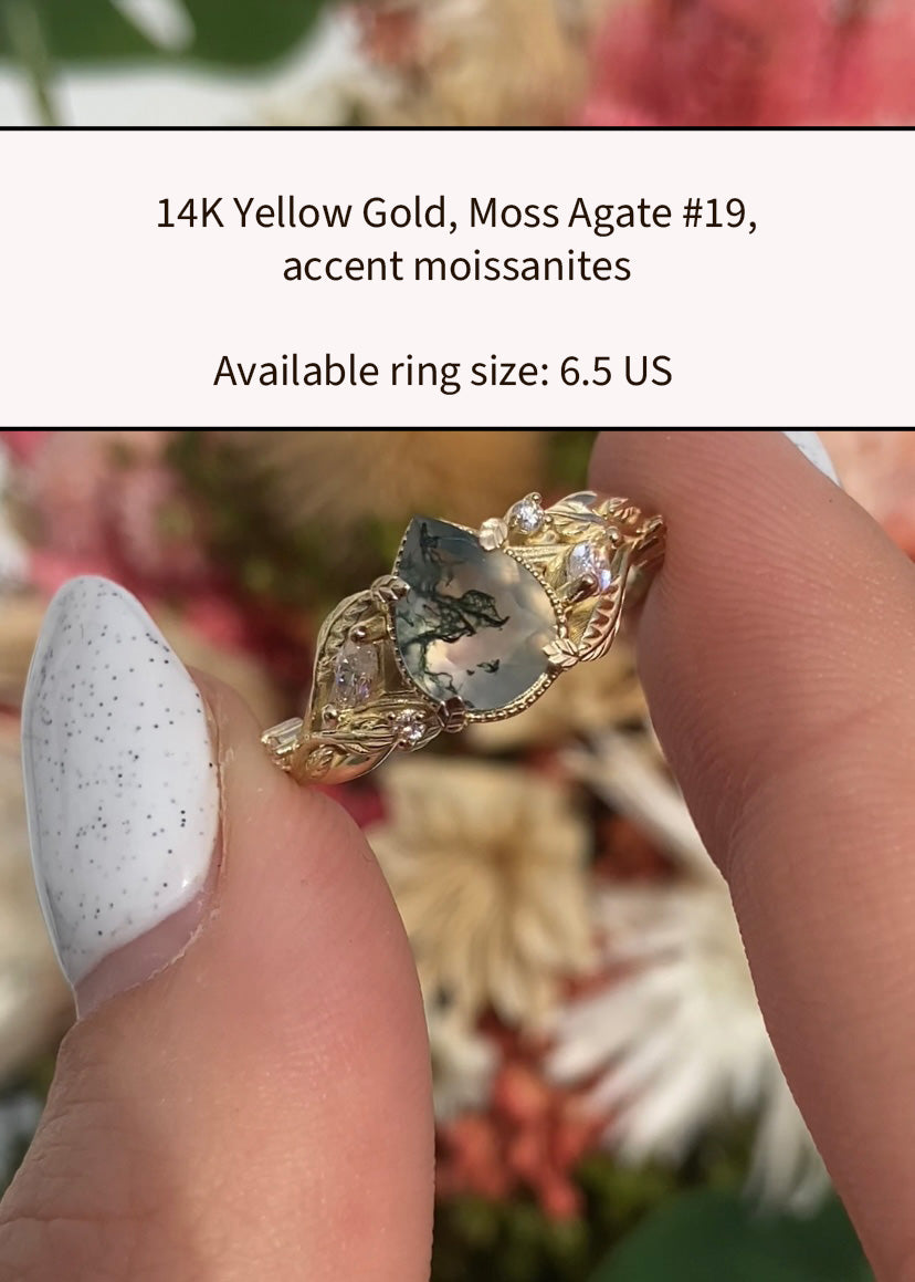 READY TO SHIP: Patricia ring in 14K or 18K yellow gold, natural moss agate pear cut 8x6 mm, accent moissanites, AVAILABLE RING SIZES: 5.5 - 8.5 US