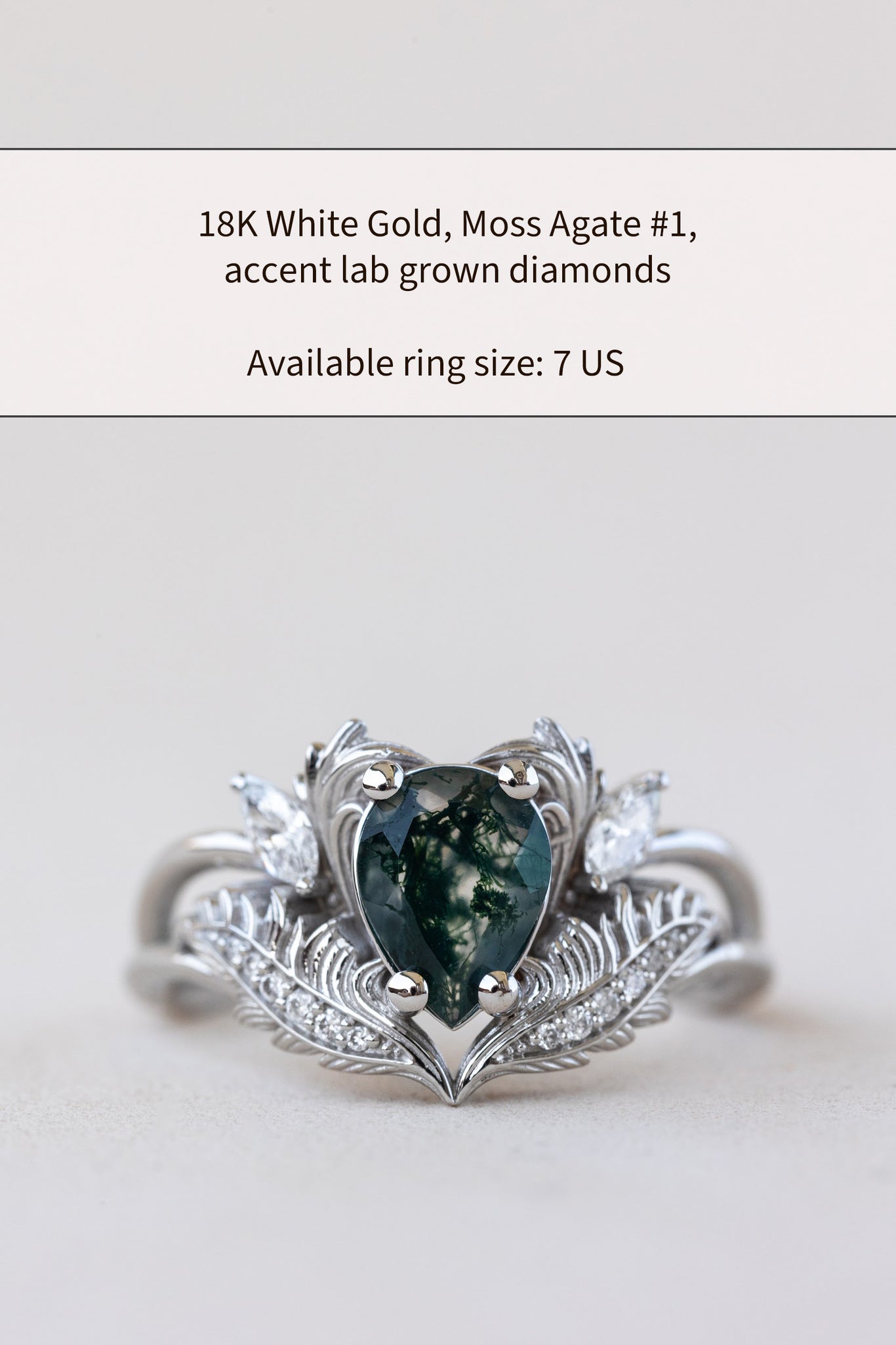 READY TO SHIP: Adonis ring in 14K or 18K white gold, pear cut moss agate, accent lab grown diamonds, RING SIZES: 6US, 7US, 7.25US