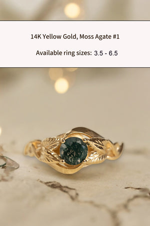 READY TO SHIP: Azalea ring in 14K yellow gold, natural moss agate round cut 5 mm, AVAILABLE RING SIZES: 3.5 - 9.5 US