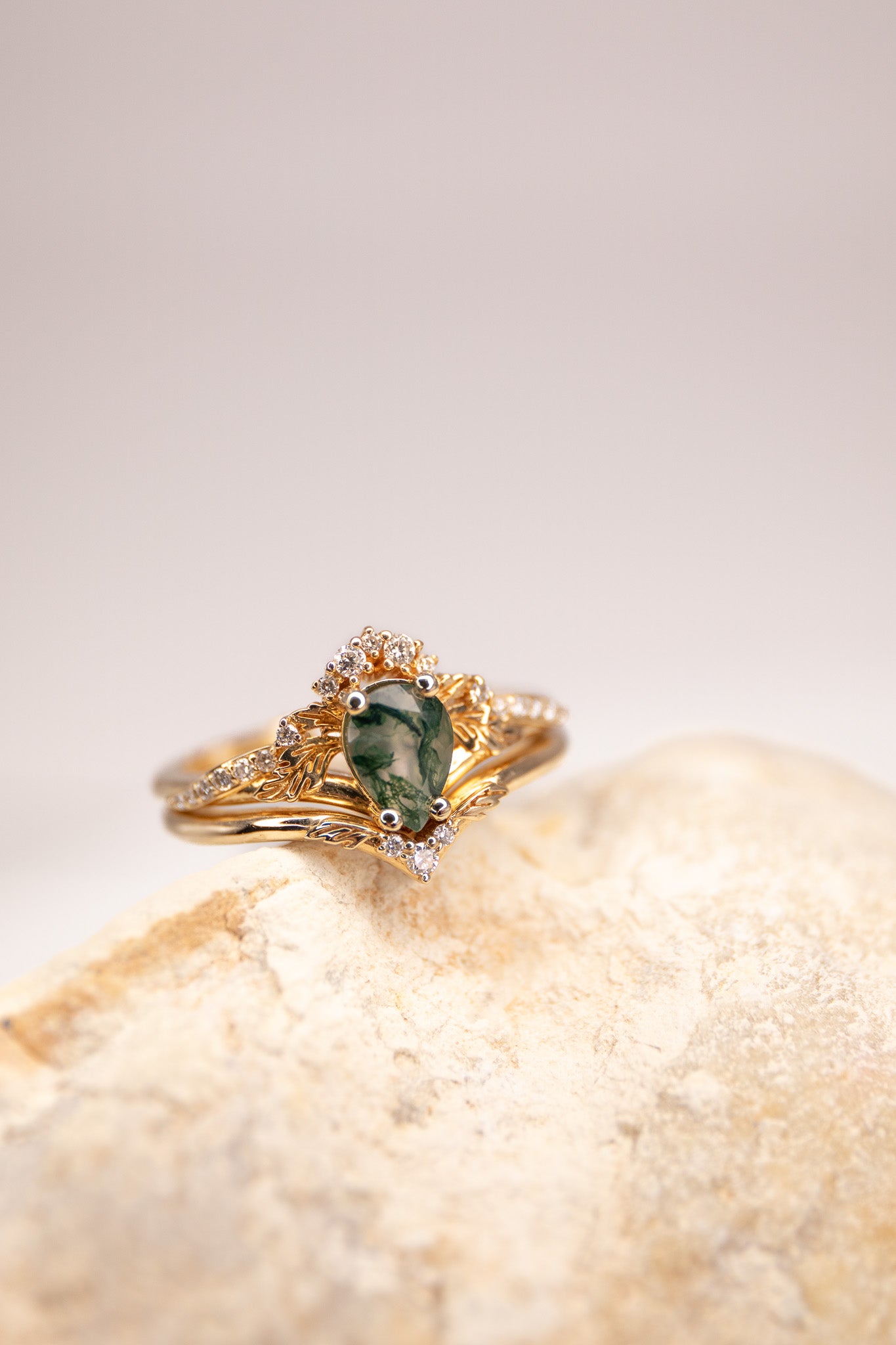 READY TO SHIP: Amelia in 14K white & yellow gold, unique moss agate engagement ring with a matching wedding band. AVAILABLE RING SIZE: 5.5 - 8.5 US