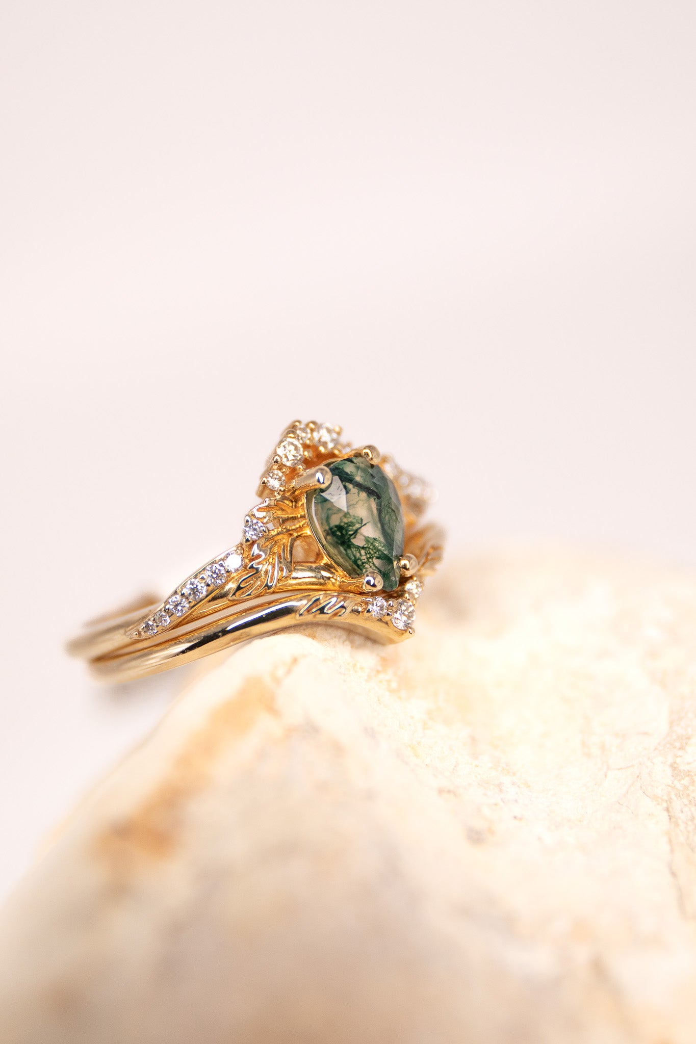 READY TO SHIP: Amelia in 14K white & yellow gold, unique moss agate engagement ring with a matching wedding band. AVAILABLE RING SIZE: 5.5 - 8.5 US