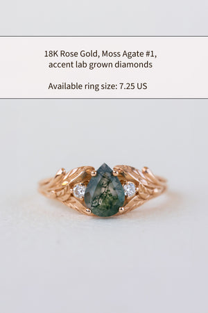 READY TO SHIP: Wisteria ring in 14K or 18K rose gold, pear moss agate, accents lab grown diamonds, RING SIZE: 7.25 US