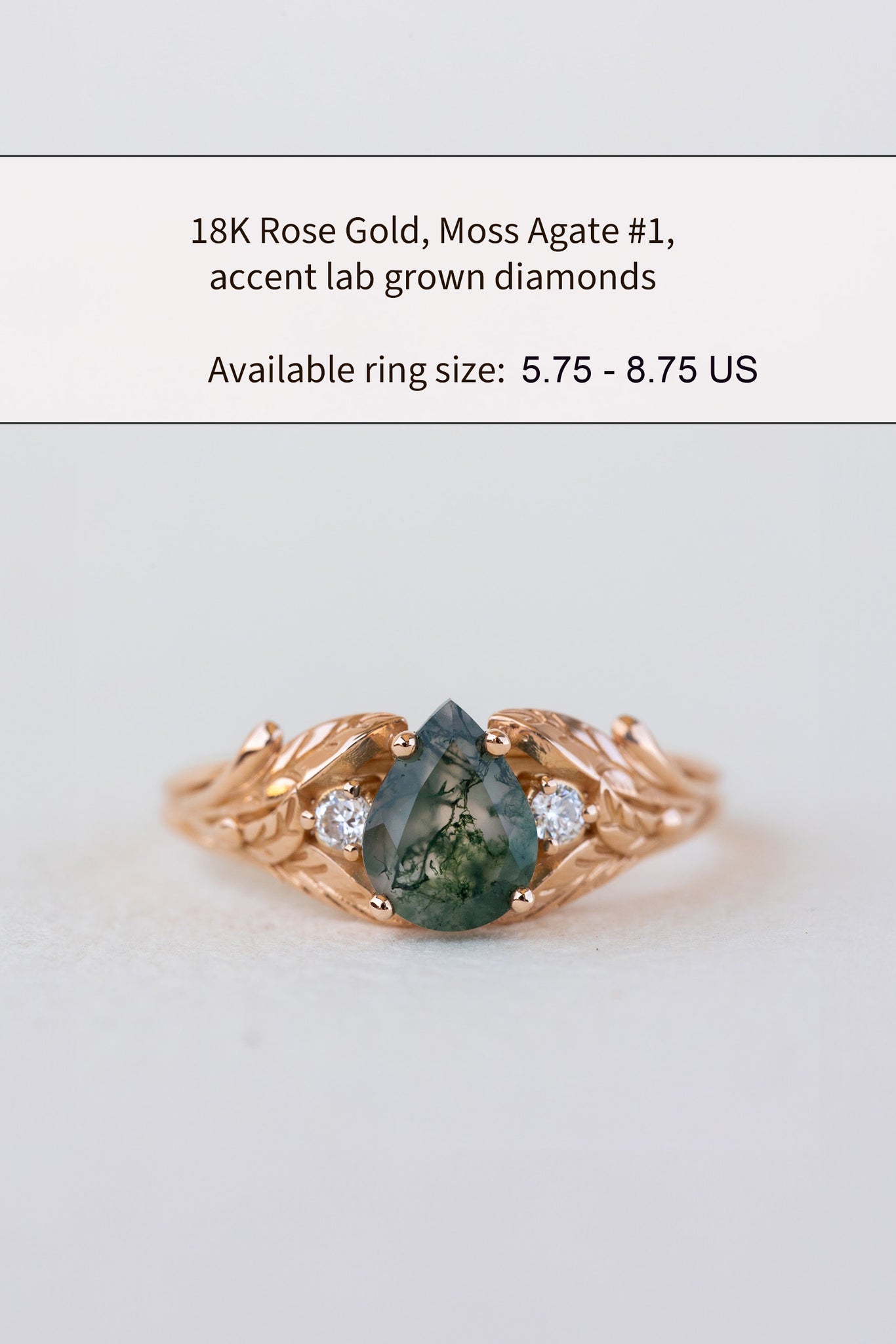 READY TO SHIP: Wisteria ring in 14K or 18K rose gold, pear moss agate, accents lab grown diamonds, RING SIZE: 5.75 - 8.75 US