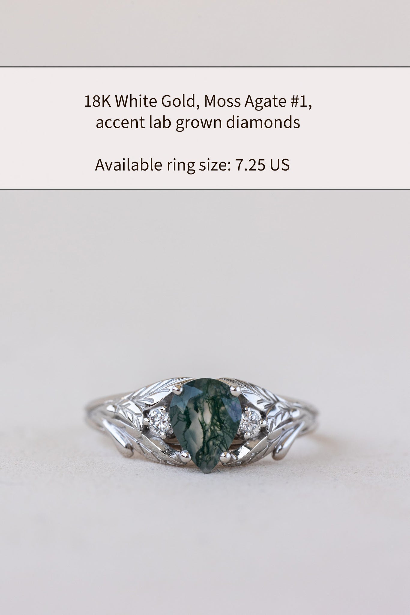 READY TO SHIP: Wisteria ring in 14K or 18K white gold, pear moss agate, accents lab grown diamonds, RING SIZE: 5.75 - 8.75 US