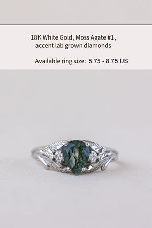 READY TO SHIP: Wisteria ring in 14K or 18K white gold, pear moss agate, accents lab grown diamonds, RING SIZE: 5.75 - 8.75 US