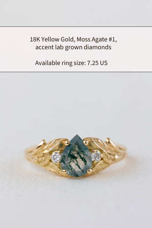 READY TO SHIP: Wisteria ring in 14K or 18K yellow gold, pear moss agate, accents lab grown diamonds, RING SIZE: 7.25 US