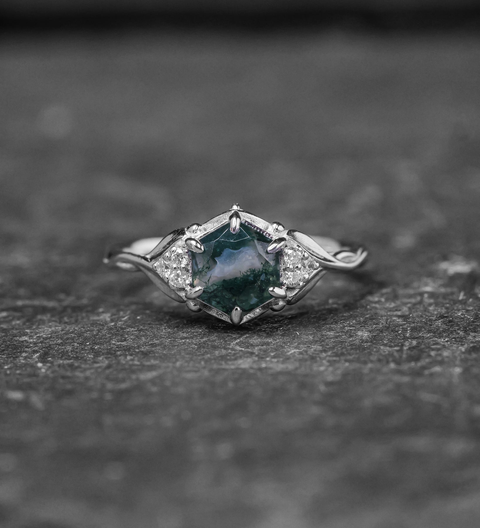 Moss agate engagement ring, gold leaves proposal ring with diamonds / Roma - Eden Garden Jewelry™