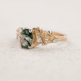 Moss agate engagement ring, gold oak leaves and diamonds proposal ring / Silviya - Eden Garden Jewelry™