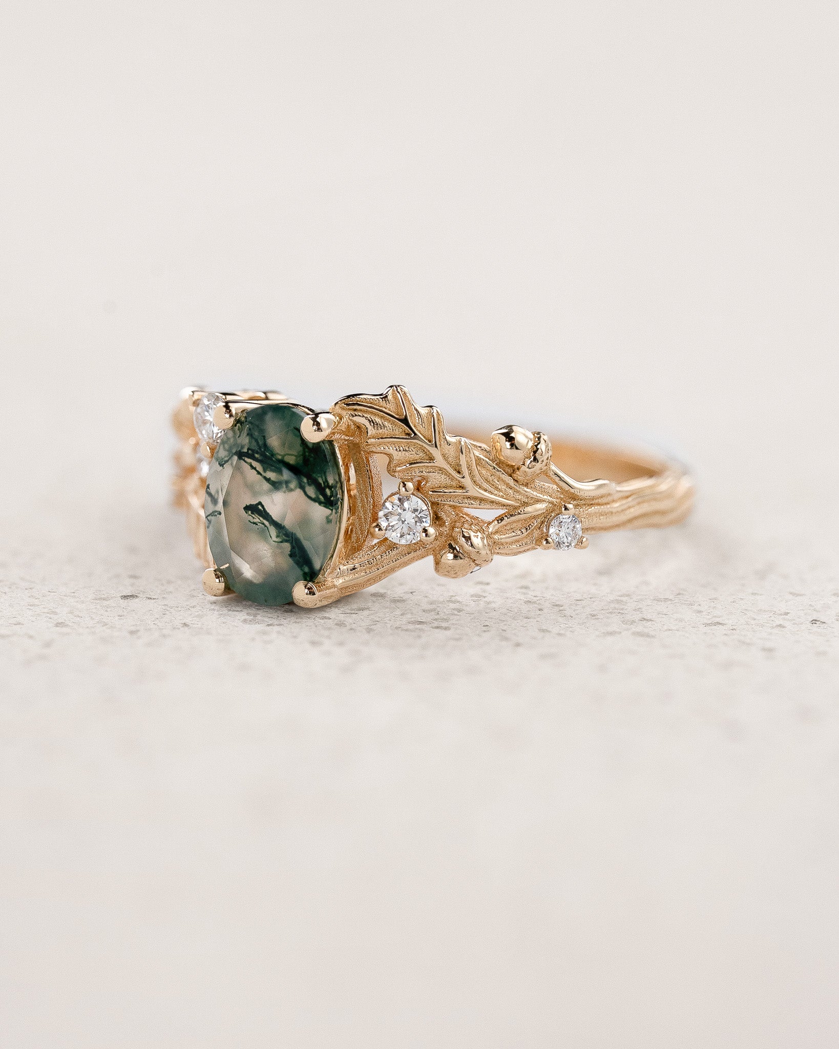 Moss agate engagement ring, gold oak leaves and diamonds proposal ring / Silviya - Eden Garden Jewelry™