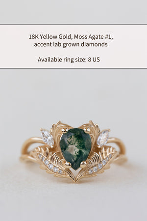 READY TO SHIP: Adonis ring in 14K or 18K yellow gold, pear cut moss agate, accent lab grown diamonds, RING SIZES: 6US, 8US