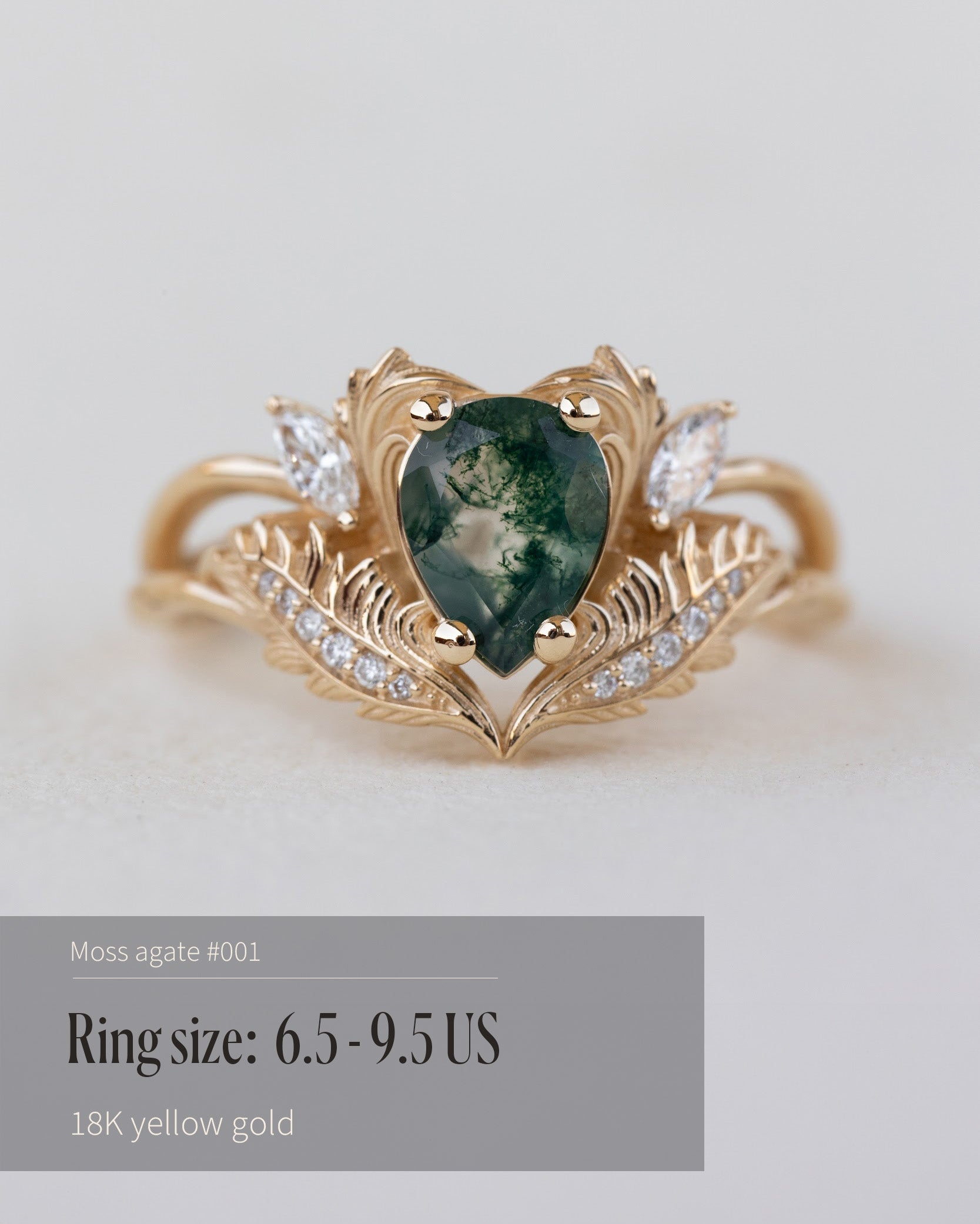 READY TO SHIP: Adonis ring in 14K or 18K yellow gold, pear cut moss agate, accent lab grown diamonds, RING SIZES: 6 - 9.5 US - Eden Garden Jewelry™