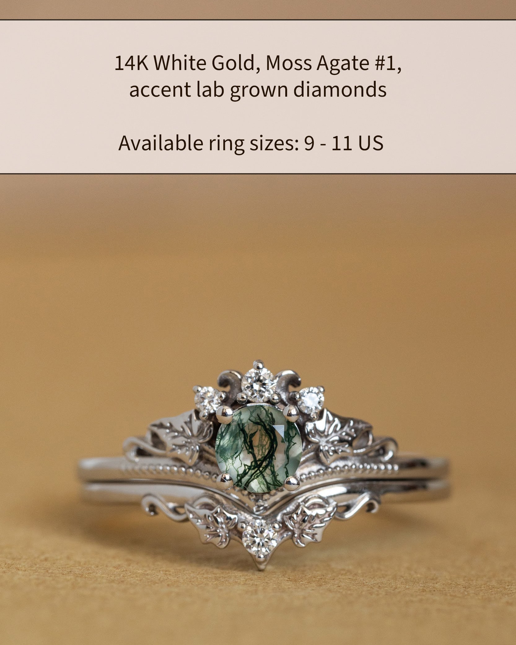 READY TO SHIP: Ariadne bridal ring set in 14K white gold, natural moss agate 5 mm, accent lab grown diamonds, AVAILABLE RING SIZES: 5.5 - 11 US - Eden Garden Jewelry™