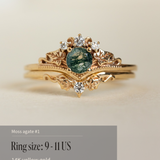 READY TO SHIP: Ariadne bridal ring set in 14K yellow gold, round moss agate, accents lab grown diamonds, AVAILABLE RING SIZES: 5.5 - 11 US