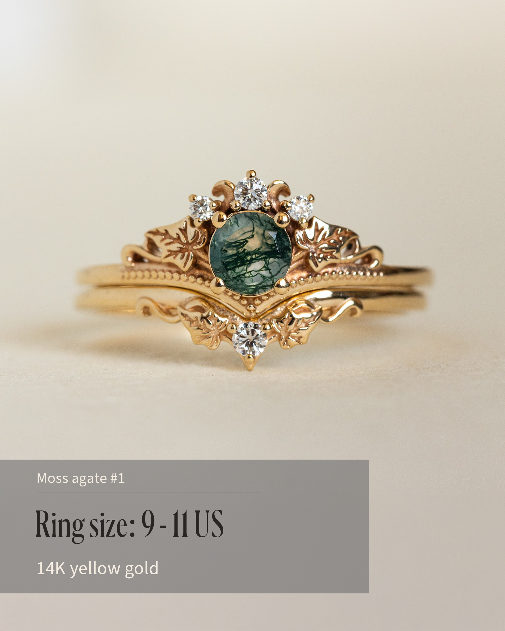 READY TO SHIP Ariadne bridal ring set in 14K yellow gold, round moss agate, accents lab grown diamonds, AVAILABLE RING SIZES: 5.5 - 11 US - Eden Garden Jewelry™