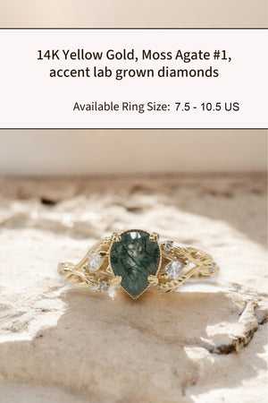 READY TO SHIP: Patricia ring in 14K or 18K yellow gold, natural moss agate pear cut 8x6 mm, accent lab grown diamonds, AVAILABLE RING SIZES: 5 - 10.5 US