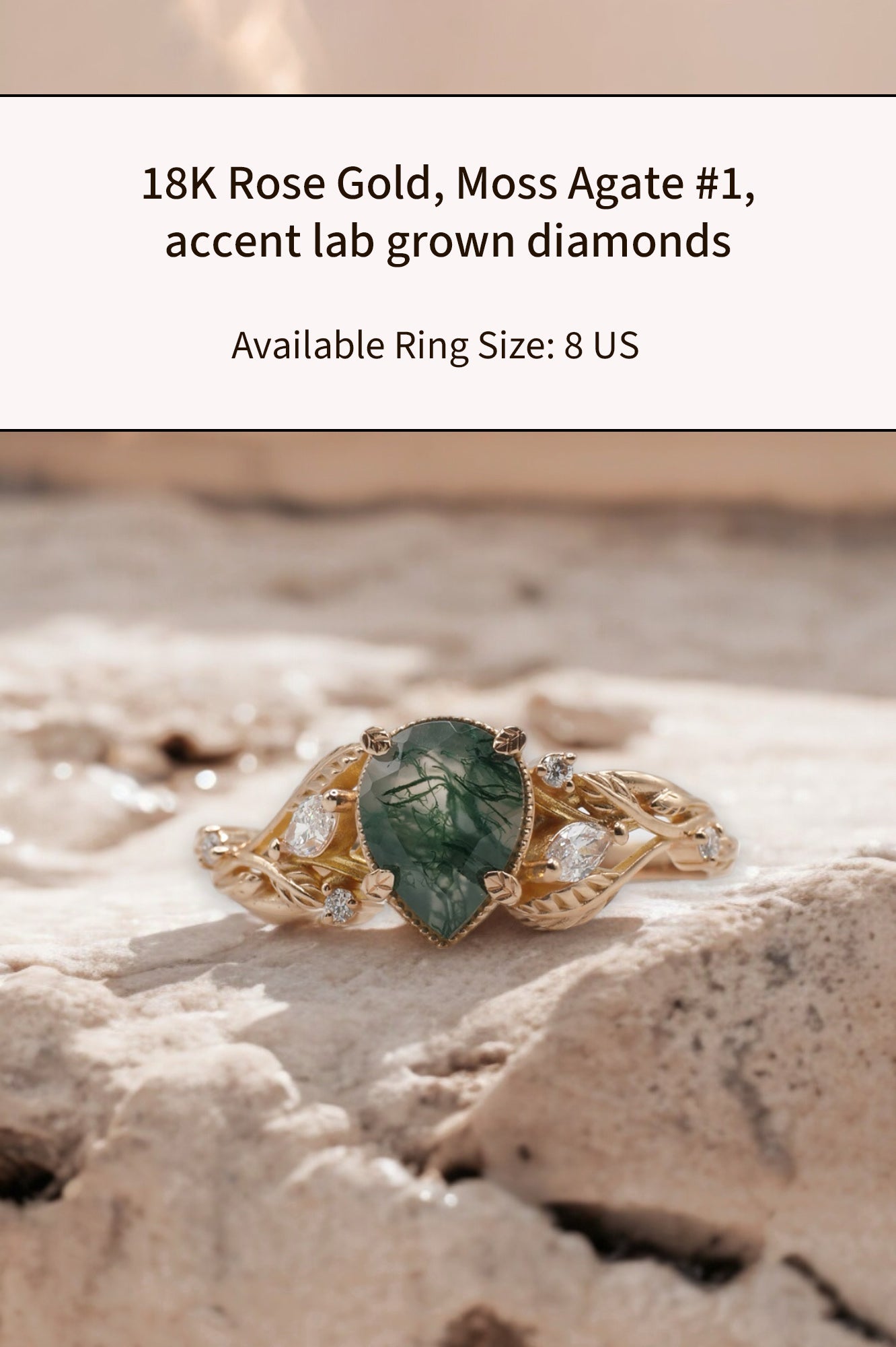 READY TO SHIP: Patricia ring in 14K or 18K rose gold, natural moss agate pear cut 8x6 mm, accent lab grown diamonds, AVAILABLE RING SIZES: 5.5 - 9 US