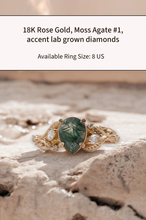 READY TO SHIP: Patricia ring in 14K or 18K rose gold, natural moss agate pear cut 8x6 mm, accent lab grown diamonds, AVAILABLE RING SIZES: 5.5 - 9 US