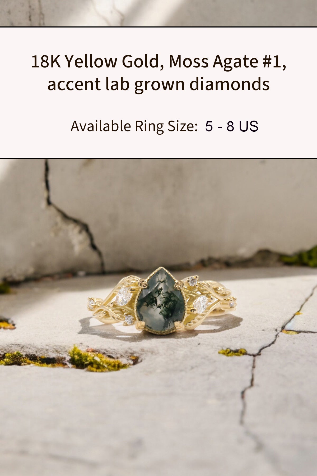 READY TO SHIP: Patricia ring in 14K or 18K yellow gold, natural moss agate pear cut 8x6 mm, accent lab grown diamonds, AVAILABLE RING SIZES: 5 - 10.5 US