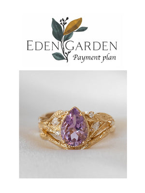 3 instalments payment plan | Amethyst leaf engagement ring set, big purple gemstone bridal ring set / Patricia - Eden Garden Jewelry™